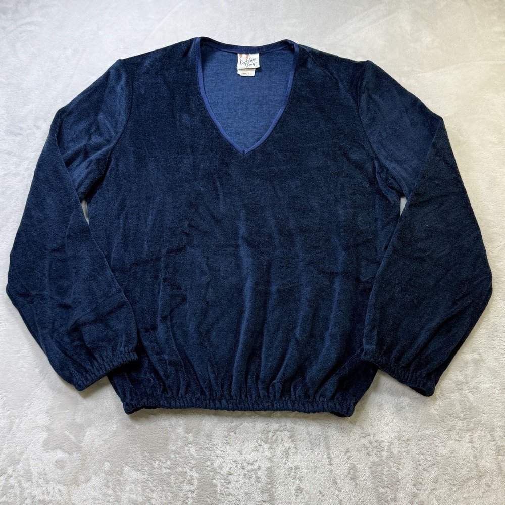 Vintage 70s Womens Terry Cloth Velour Banded Blue Shirt Beach Small Sweater